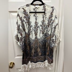 Umgee Cream and Brown Leaf Patterned Kimono